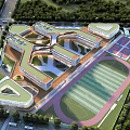 Modern School Building Design with Unique Layout Green Roofs and Track Field Surrounded by Trees