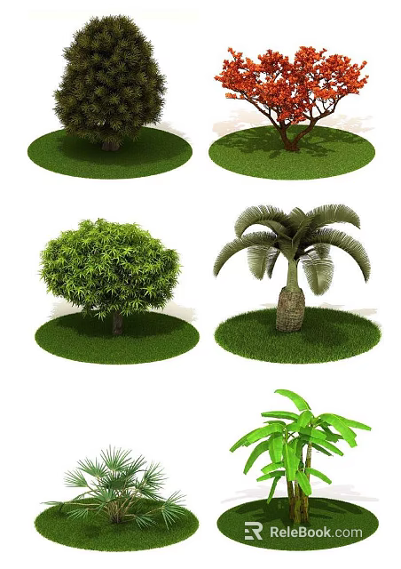 Various Types of Trees with Lush Green Foliage and Green Grass Base 3d model 