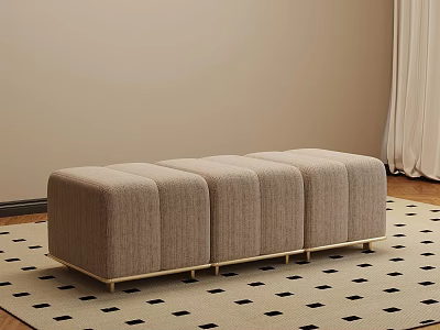 Light Beige Upholstered Stool with Vertical Tufted Design and Gold Metal Legs on Patterned Rug 3d model