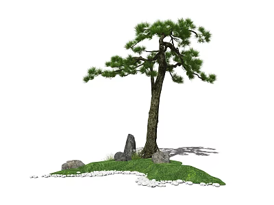 Garden Ornament Featuring Pine Tree Stones Green Grass And White Pebbles 3d model