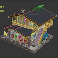 Cartoon Style Wooden House Model With Blue Roof Balcony Staircase Stone Base And Statues