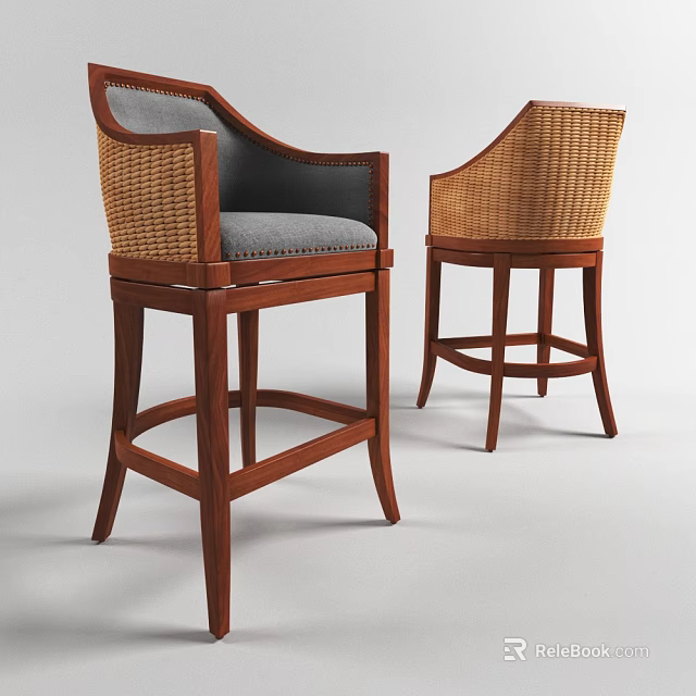 Classic Wooden Bar Stools With Woven Backrest And Gray Padded Seat 3d model 