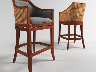 Classic Wooden Bar Stools With Woven Backrest And Gray Padded Seat 3d model
