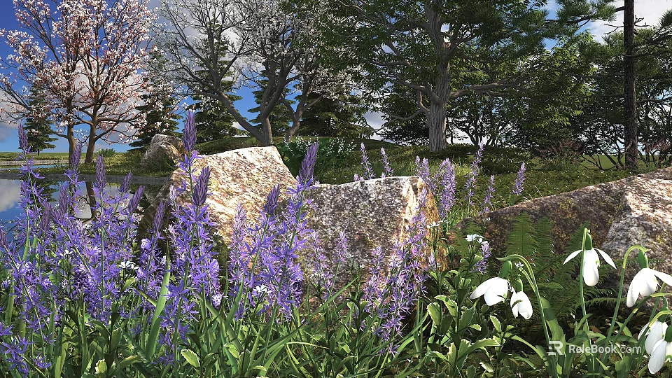 Beautiful Garden with Purple Flowers and White Flowers Surrounded by Stones Trees and Green Grass 3d model 
