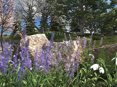 Beautiful Garden with Purple Flowers and White Flowers Surrounded by Stones Trees and Green Grass 3d model