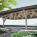 Wooden Landscape Pavilion With Thatched Roof And Hanging Decorations Among Green Trees