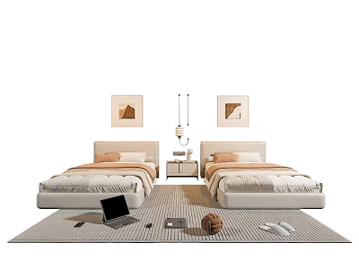 Modern Single Beds Design With Central Bedside Table Lamp Wall Paintings And Rug Items 3d model