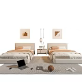 Modern Single Beds Design With Central Bedside Table Lamp Wall Paintings And Rug Items 3d model