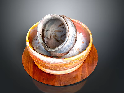 Nested Layered Bowl Shaped Sculpture Carving With Wooden Base And Colorful Details 3d model
