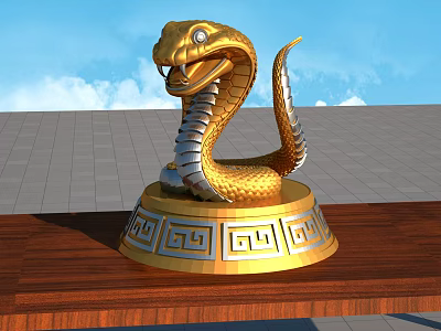 Golden Silver Cobra Sculpture With Geometric Pattern Base On Wooden Platform 3d model