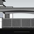 Modern Entrance Gate With Black Metal Design Curved Canopy And White Pillars