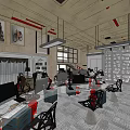 Industrial Style Internet Cafe Interior With Brick Wall Red Pipes And Seating Areas