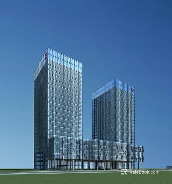 Twin Modern Office Buildings With Glass Curtain Facade Blue Sky Background And Top Logo 3d model 