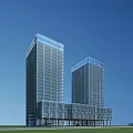 Twin Modern Office Buildings With Glass Curtain Facade Blue Sky Background And Top Logo