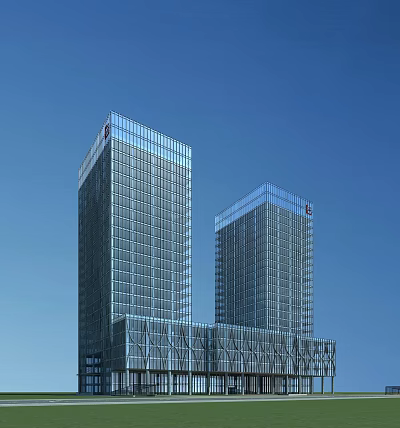 Twin Modern Office Buildings With Glass Curtain Facade Blue Sky Background And Top Logo 3d model