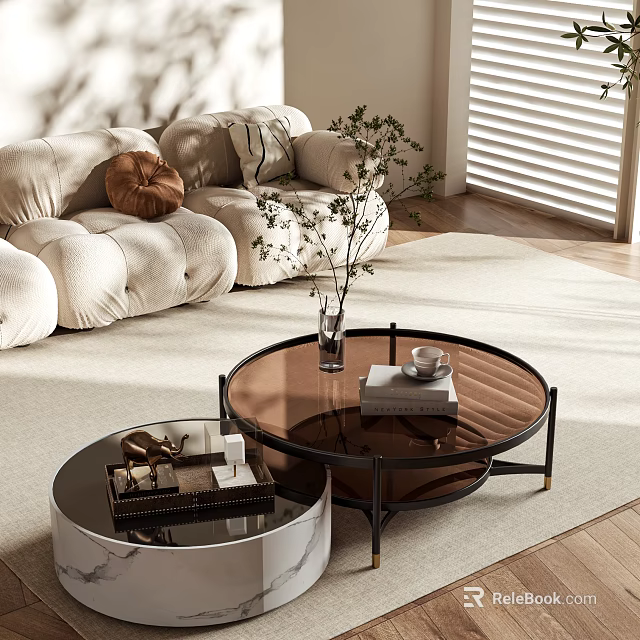 Modern Plush Cream Sofa And Round Glass Top Coffee Table Set In Cozy Living Room 3d model 