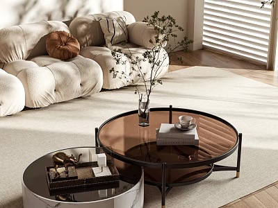 Modern Plush Cream Sofa And Round Glass Top Coffee Table Set In Cozy Living Room 3d model