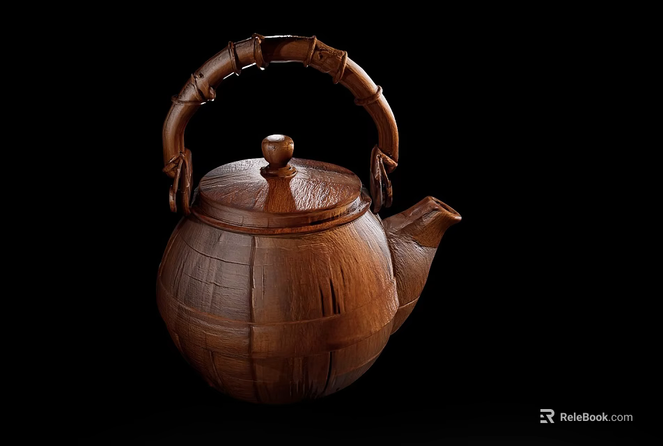 Handcrafted Wooden Teapot Decorative Ornament Set With Bamboo Handle And Textured Design 3d model 