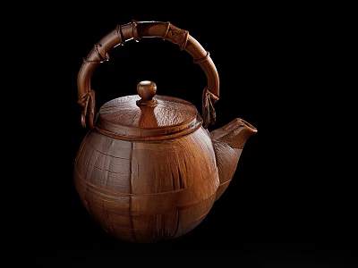 Handcrafted Wooden Teapot Decorative Ornament Set With Bamboo Handle And Textured Design 3d model