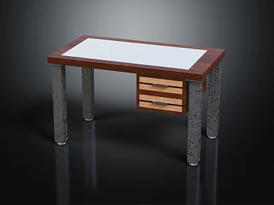 Modern Wooden Table With White Top Three Drawers And Textured Metal Legs 3d model