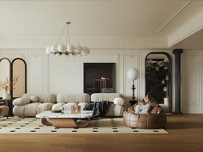 Elegant Contemporary Living and Dining Room Interior With Beige Sofa Wooden Coffee Table and White Globe Chandelier 3d model