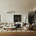 Elegant Contemporary Living and Dining Room Interior With Beige Sofa Wooden Coffee Table and White Globe Chandelier