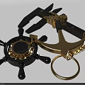 Decorative Gold Anchor And Black Ship Wheel Keychain With Chain And Ornate Design
