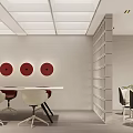 Modern Public Office Space With Open Layout White Desks Chairs Green Plant Staircase And Bookshelves