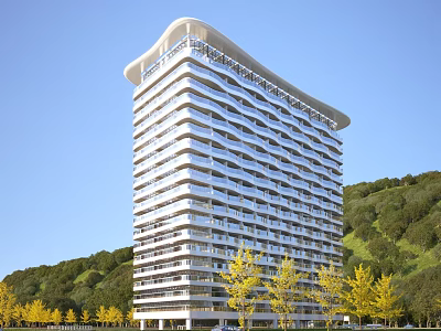 Modern High Rise Office Building With Glass Curtain Walls Green Hills And Yellow Trees 3d model