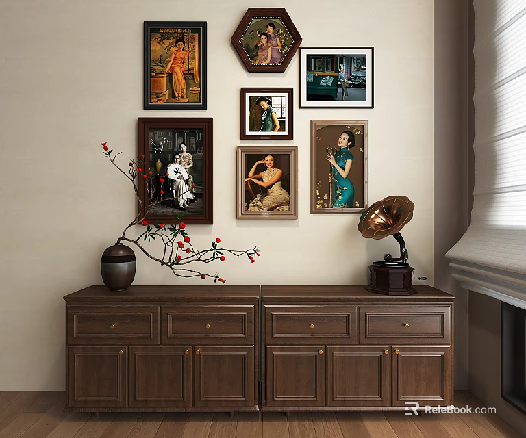 Portrait Paintings Displayed on Wall with Wooden Cabinet Vase and Gramophone in Room 3d model 