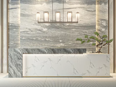 Modern Reception Desk With Marble Countertop Chandelier Lighting And Green Plant Decoration 3d model