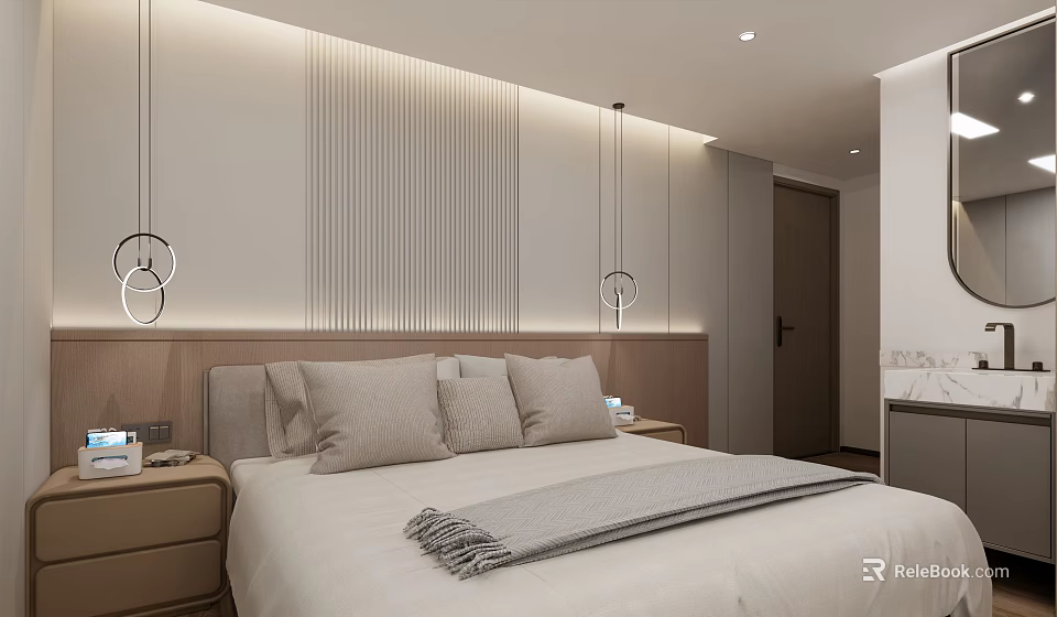 Modern Hotel Guest Room With Striped Headboard Wall Pillows And Pendant Lights 3d model 