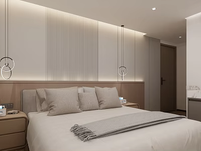 Modern Hotel Guest Room With Striped Headboard Wall Pillows And Pendant Lights 3d model