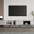 Sleek TV Stand With Wall Mounted TV Round Lamp Vase With Plant And Decorative Items