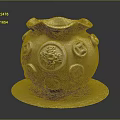 Home Decor Rustic Clay Pot With Circular Embellishments And Base Plate 3d model