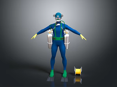 Scuba Diving Gear With Blue Suit Dive Mask Oxygen Tanks Flippers And Yellow Cylinder 3d model