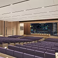 Large Conference Room With Purple Seats Wooden Walls And Modern Ceiling Lighting