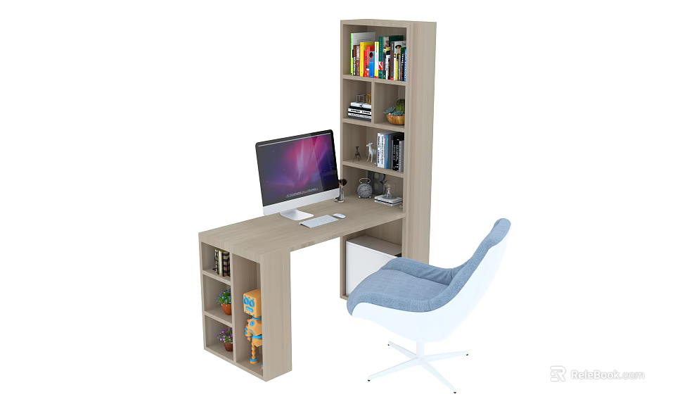 Modern Study Desk with Bookshelf Computer on Top and Blue Chair 3d model