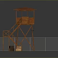 Wooden Watchtower Structure With Staircase Elevated Platform Fence And Storage Crates