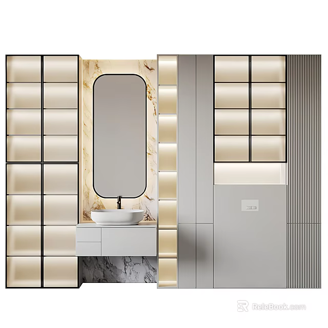 Elegant Modern Washbasin Vanity Design With Marble Backdrop Mirror And Lighted Cabinets 3d model 