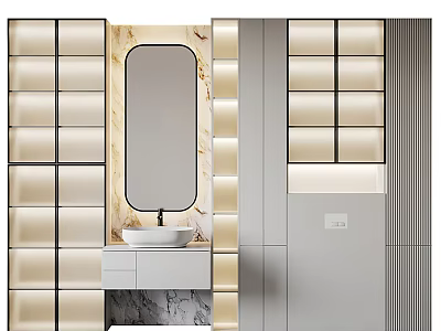 Elegant Modern Washbasin Vanity Design With Marble Backdrop Mirror And Lighted Cabinets 3d model