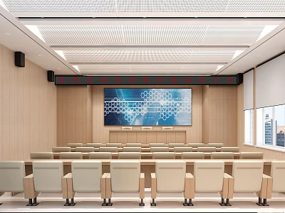 Modern Conference Room With Large Screen Wooden Walls Neatly Arranged Chairs And City View 3d model