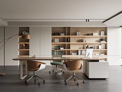 Modern Office Interior With Neutral Tones Bookshelves Desk Chairs And Natural Light 3d model