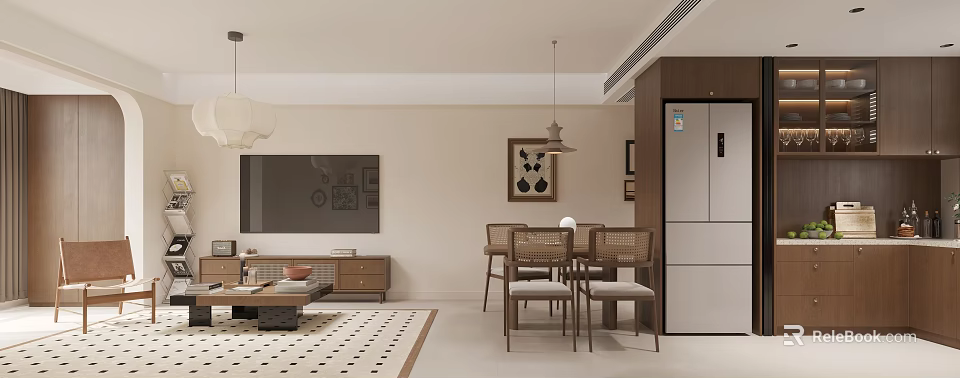 Modern Living Dining Room Interior With Sofa Dining Table And Pendant Lights 3d model