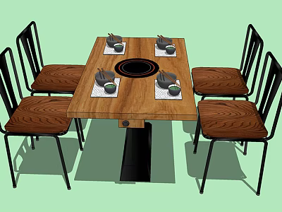 Wooden Dining Table Set with Four Chairs Circular Heater Placemats and Bowls 3d model