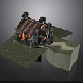 Fantasy Style Cottage With Striped Red Brown Roof Blue Decorations Hanging Chains On Green Ground