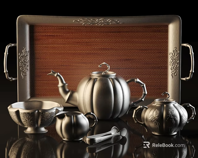 Elegant Metallic Tea Set with Teapot Teacup Sugar Bowl Serving Spoon and Wooden Tray 3d model 