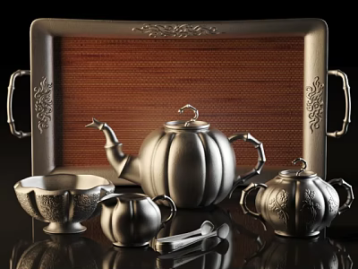 Elegant Metallic Tea Set with Teapot Teacup Sugar Bowl Serving Spoon and Wooden Tray 3d model