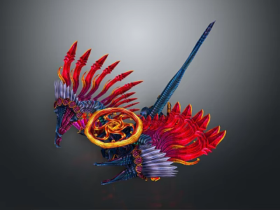 Mechanical Mythical Creature With Red Blue Wings Spiked Head And Golden Gear 3d model