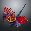 Mechanical Mythical Creature With Red Blue Wings Spiked Head And Golden Gear